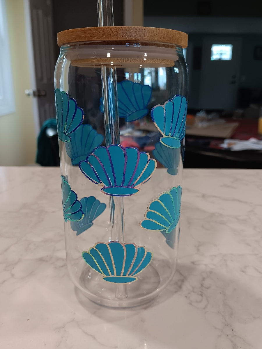 Seashell Glass Tumbler with Bamboo Lid